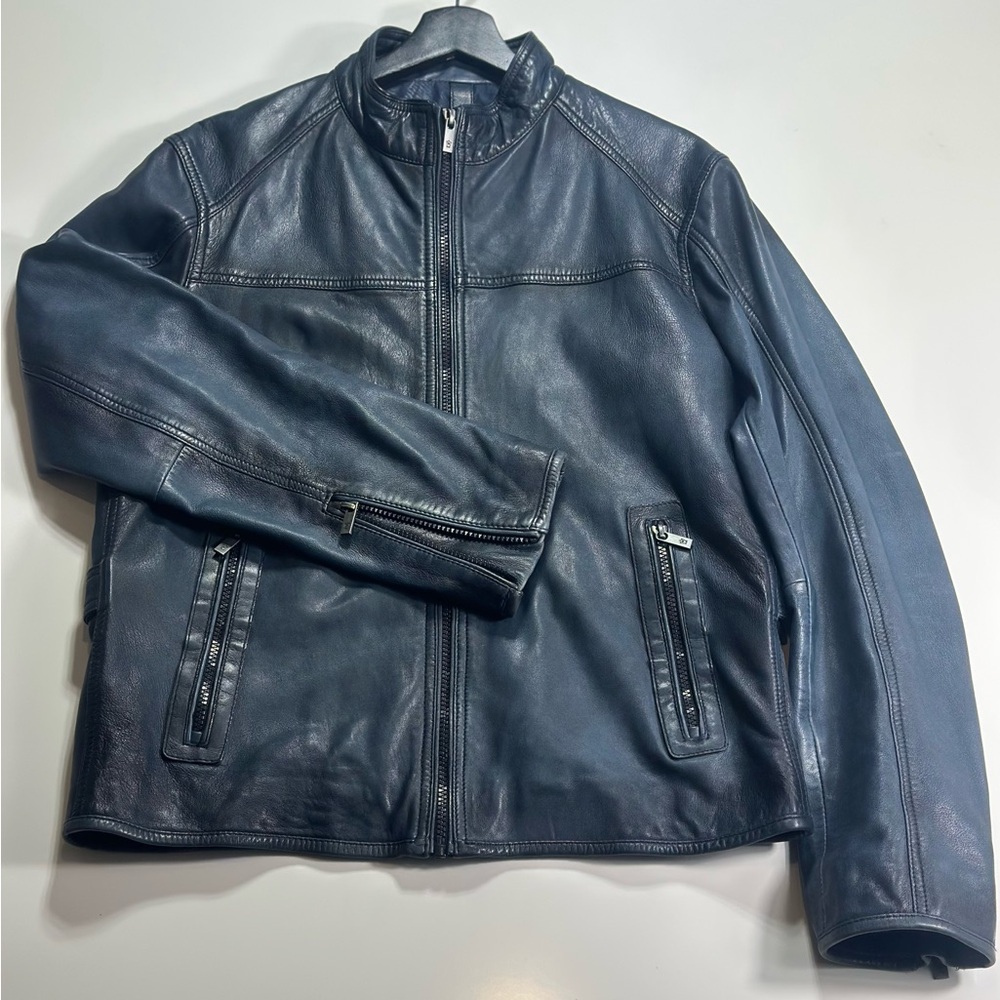 Massimo Dutti Genuine Leather Jacket Men’s L Navy Blue Euro Tailored Classic